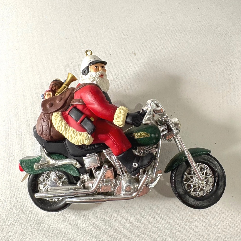 Harley Davidson Santa Claus Motorcycle Christmas Ornament Green Silver Cruiser
